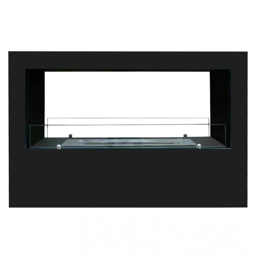 Black rectangular fireplace insert with glass panel on a white background