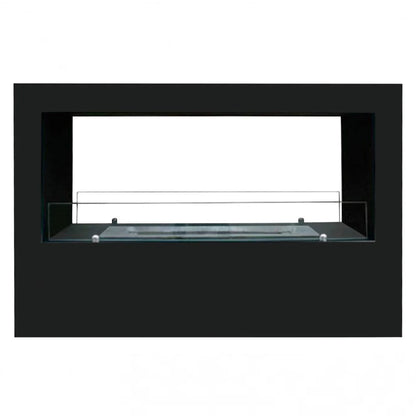 Black rectangular fireplace insert with glass panel on a white background