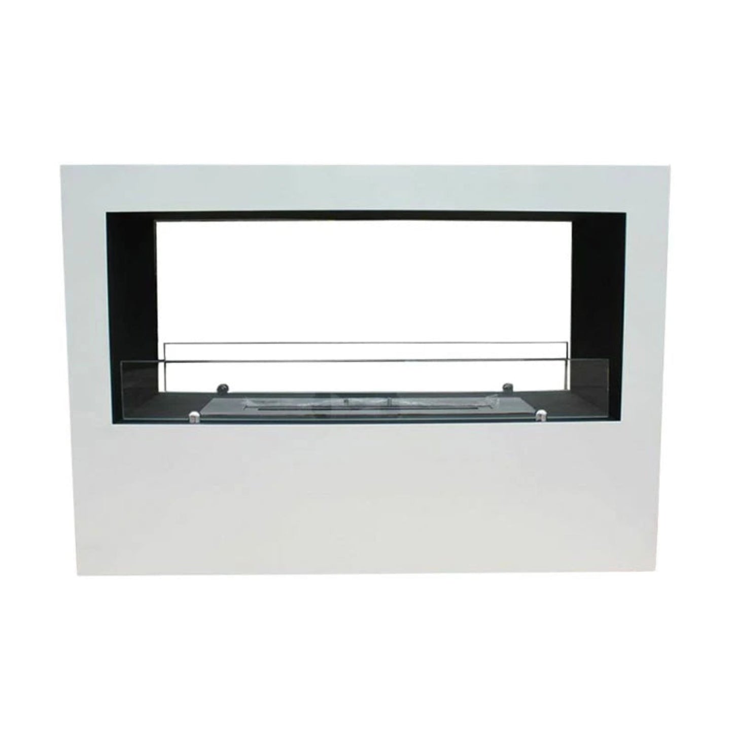Modern white fireplace with glass front on a white background