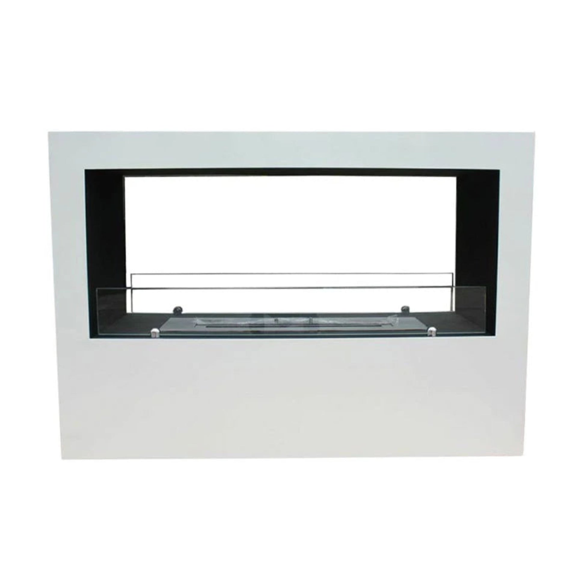 Modern white fireplace with glass front on a white background
