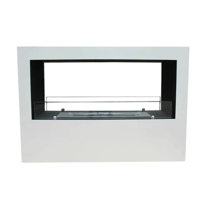 Modern white fireplace with glass front on a white background