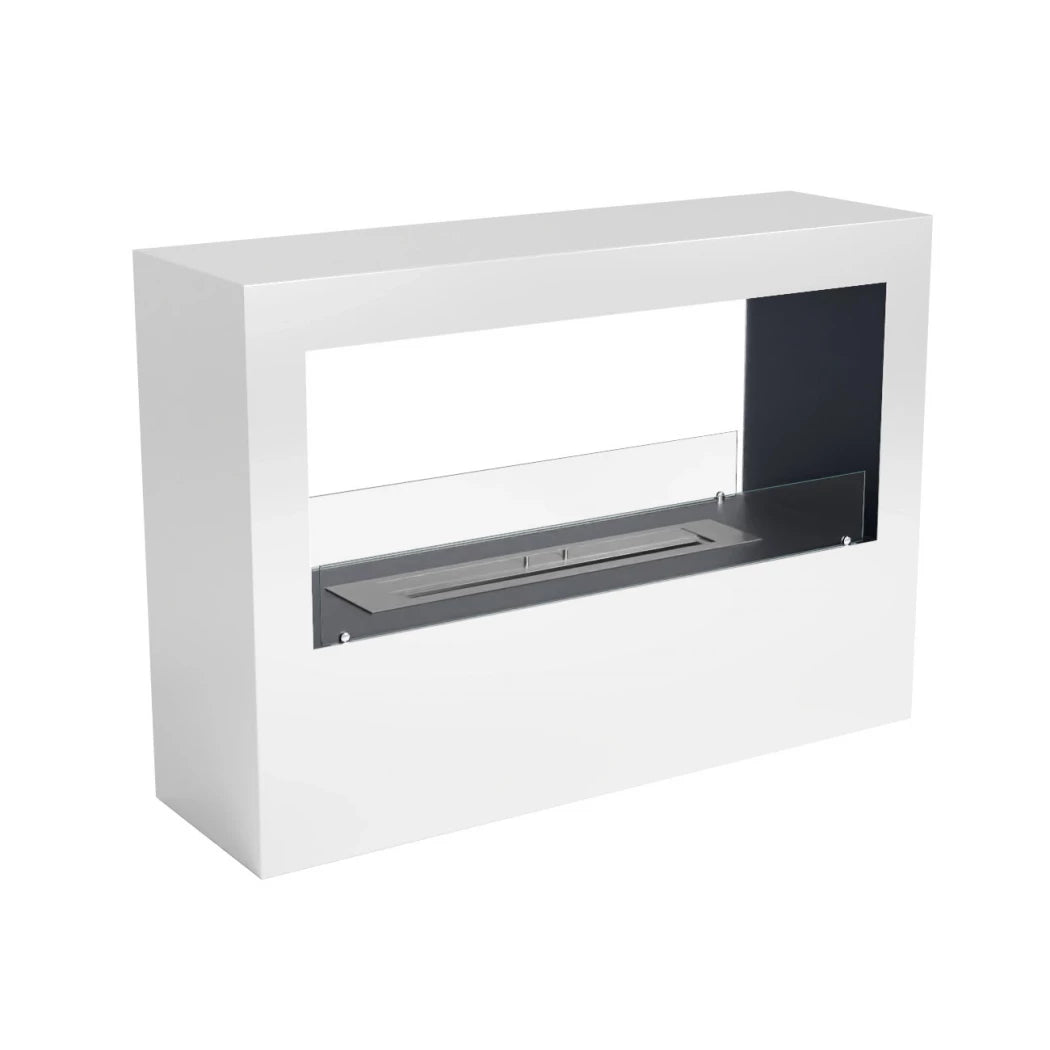 White wall-mounted fireplace with glass panel on a white background