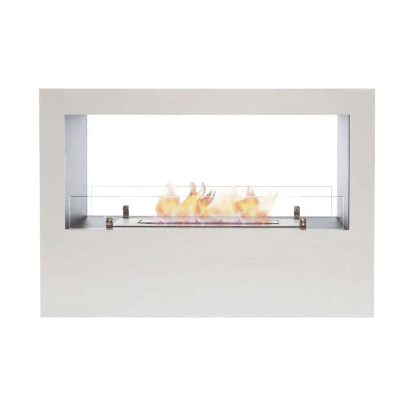 Modern white Lansing fireplace with visible flames on a white background