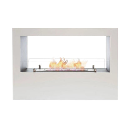 Modern white Lansing fireplace with visible flames on a white background
