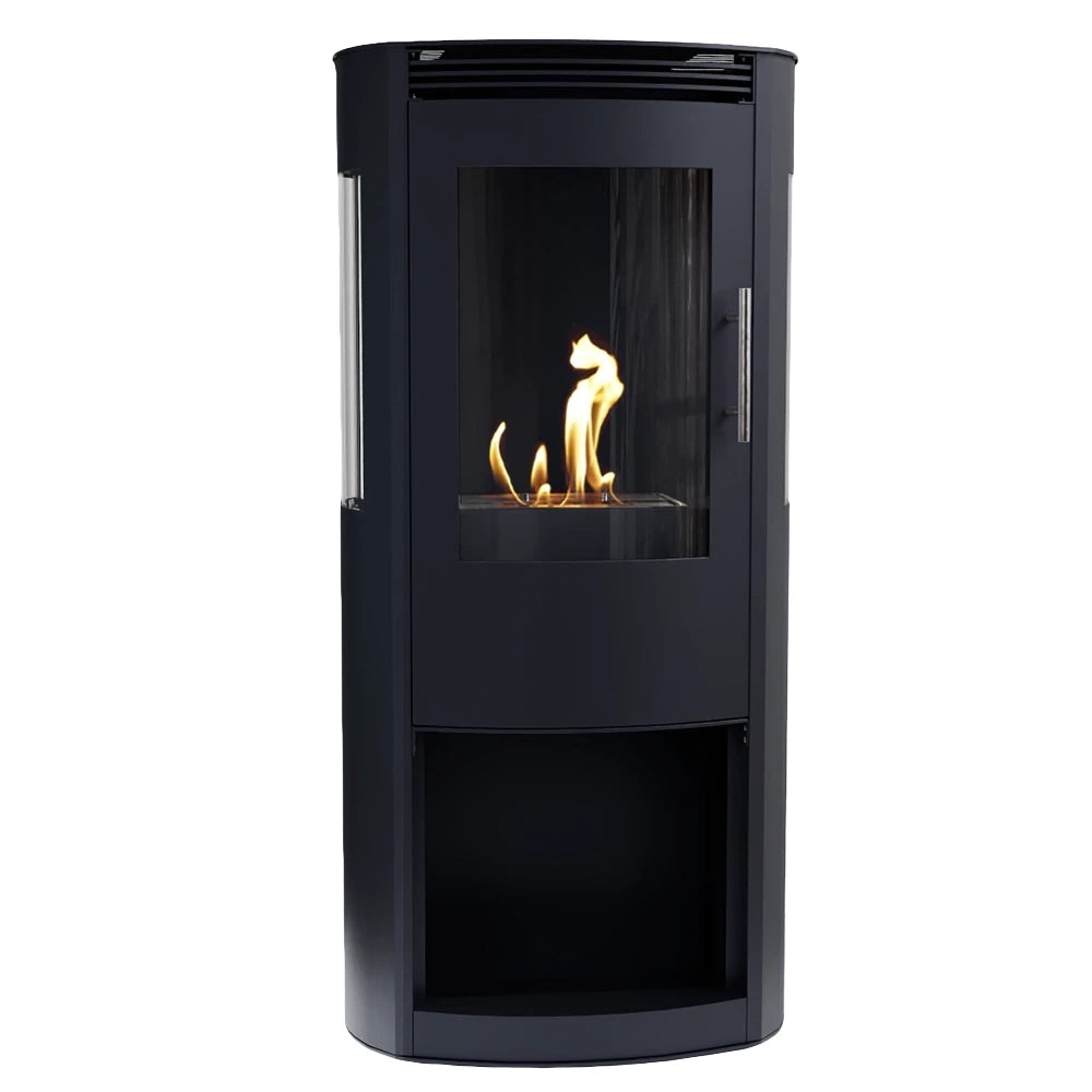 Black freestanding fireplace with visible flames on a white background