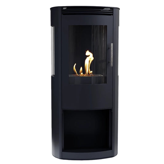 Black freestanding fireplace with visible flames on a white background