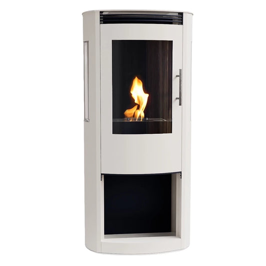 White bioethanol fireplace with visible flames on a white background