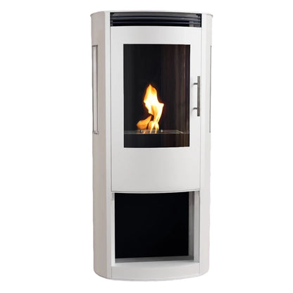 White freestanding fireplace with visible flames on a white background