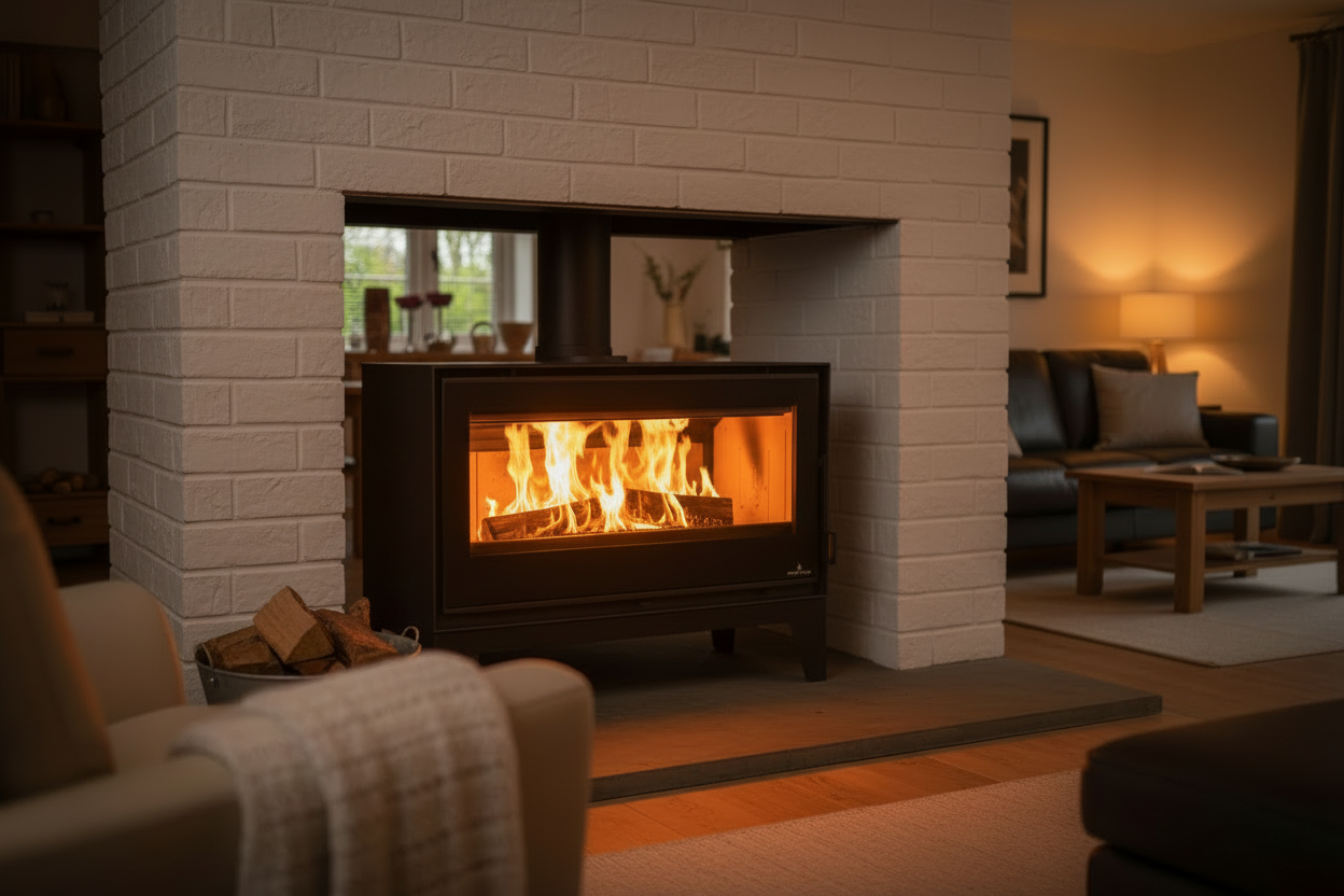Blackdouble sidede freestanding fireplace with glass door on a white background