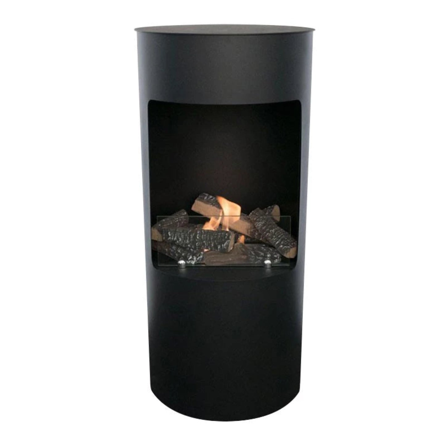 Black cylindrical bioethanol fireplace with visible fire inside on a white background