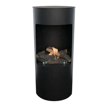 Black cylindrical bioethanol fireplace with visible fire inside on a white background