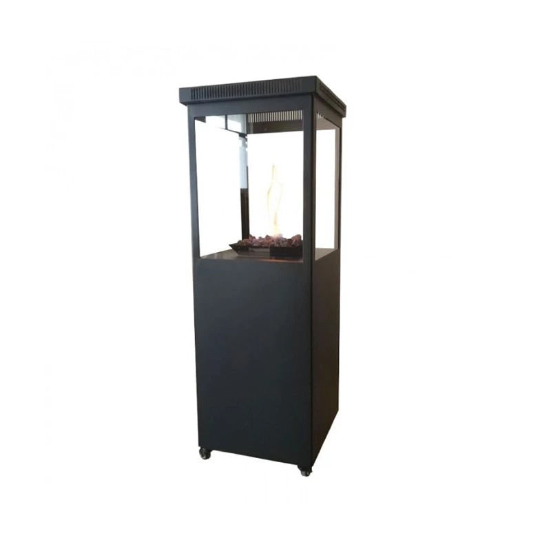 Black outdoor patio heater with glass cover on a white background