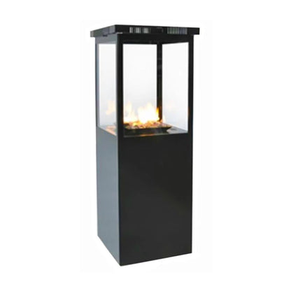 Black outdoor fireplace with glass front on a white background