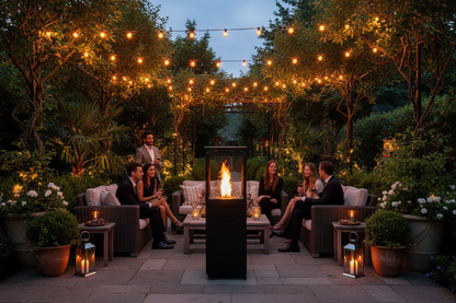 An outdoor evening patio scene with several people gathered around a central black fire pit table, seated on gray wicker sofas under warm string lights and surrounded by lush greenery and potted plants.