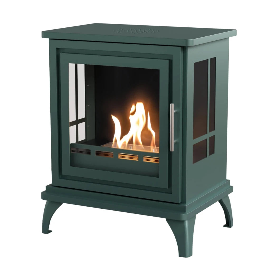 Green freestanding stove with visible flames inside on a white background
