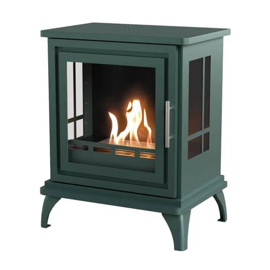 Green freestanding stove with visible flames inside on a white background