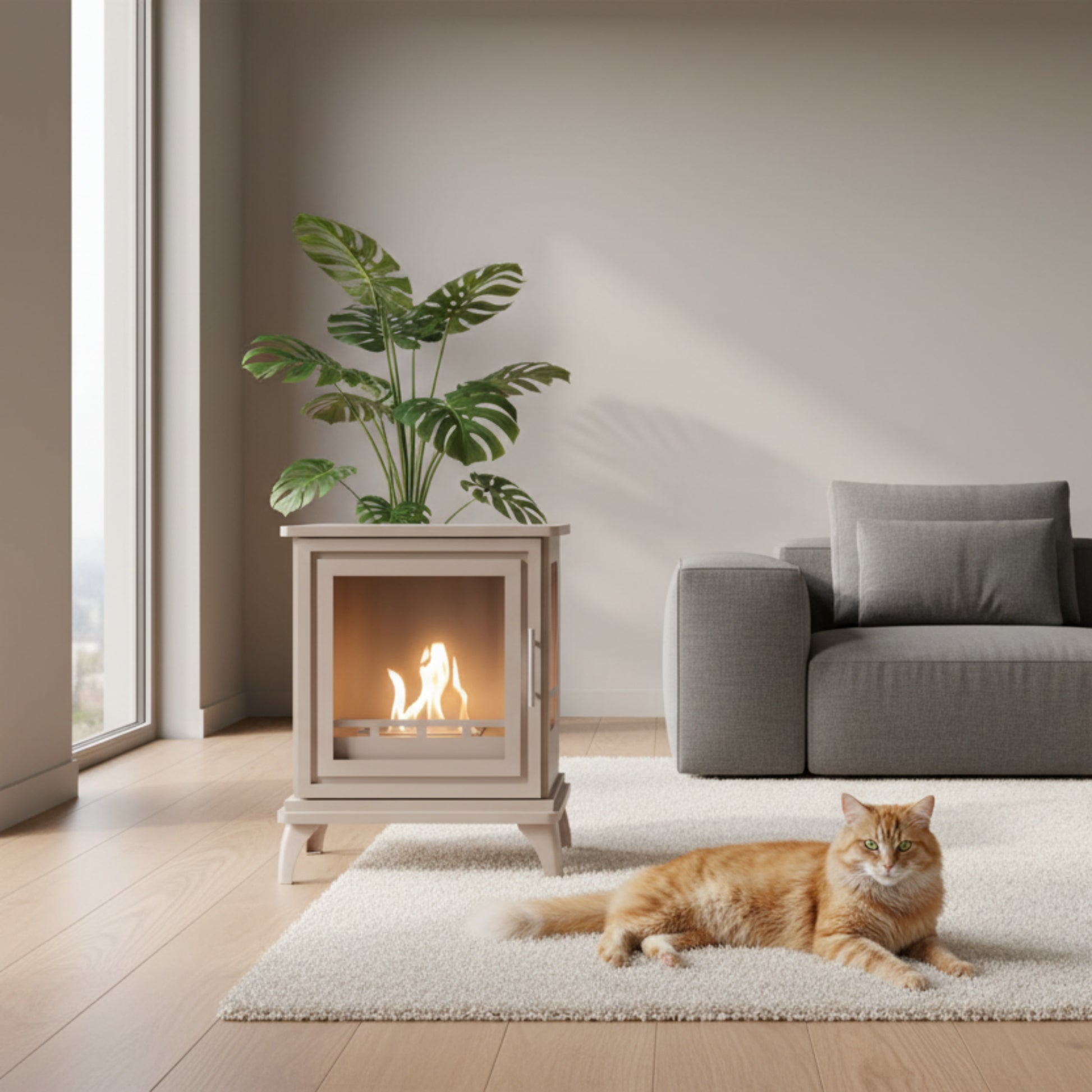 Beige freestanding fireplace with visible flames on a white background