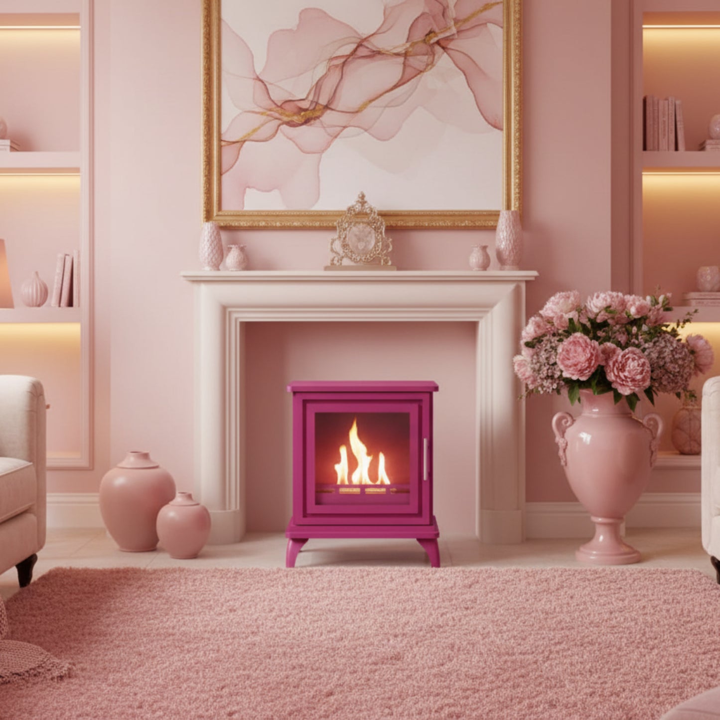 Pink freestanding fireplace with flames inside in a lounge with pale pink carpet, vases with roses.