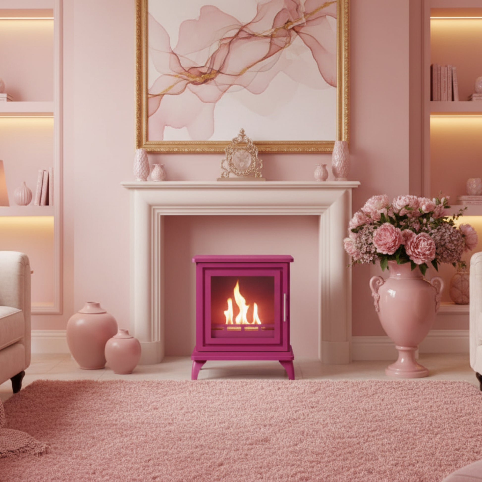Pink freestanding fireplace with flames inside in a lounge with pale pink carpet, vases with roses.