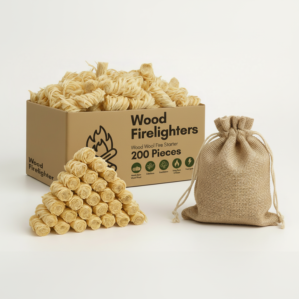 Wood Firelighters packaging with fire starter wool, a box, and a drawstring bag on a white background.