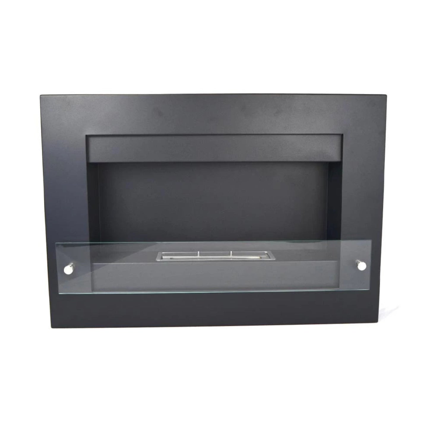 Black rectangular wall-mounted fireplace with glass front on a white background