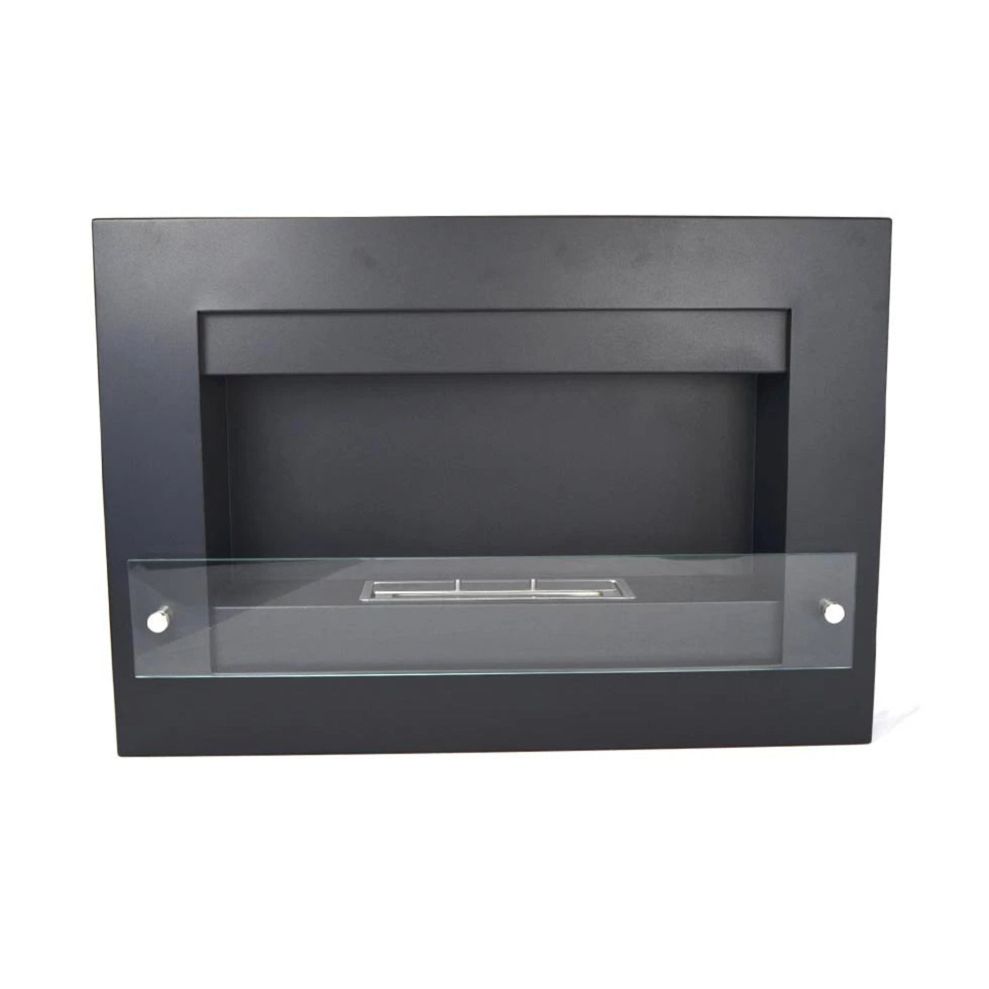 Black rectangular wall-mounted fireplace with glass front on a white background