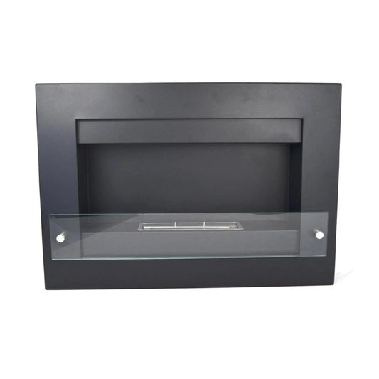 Black rectangular wall-mounted fireplace with glass front on a white background