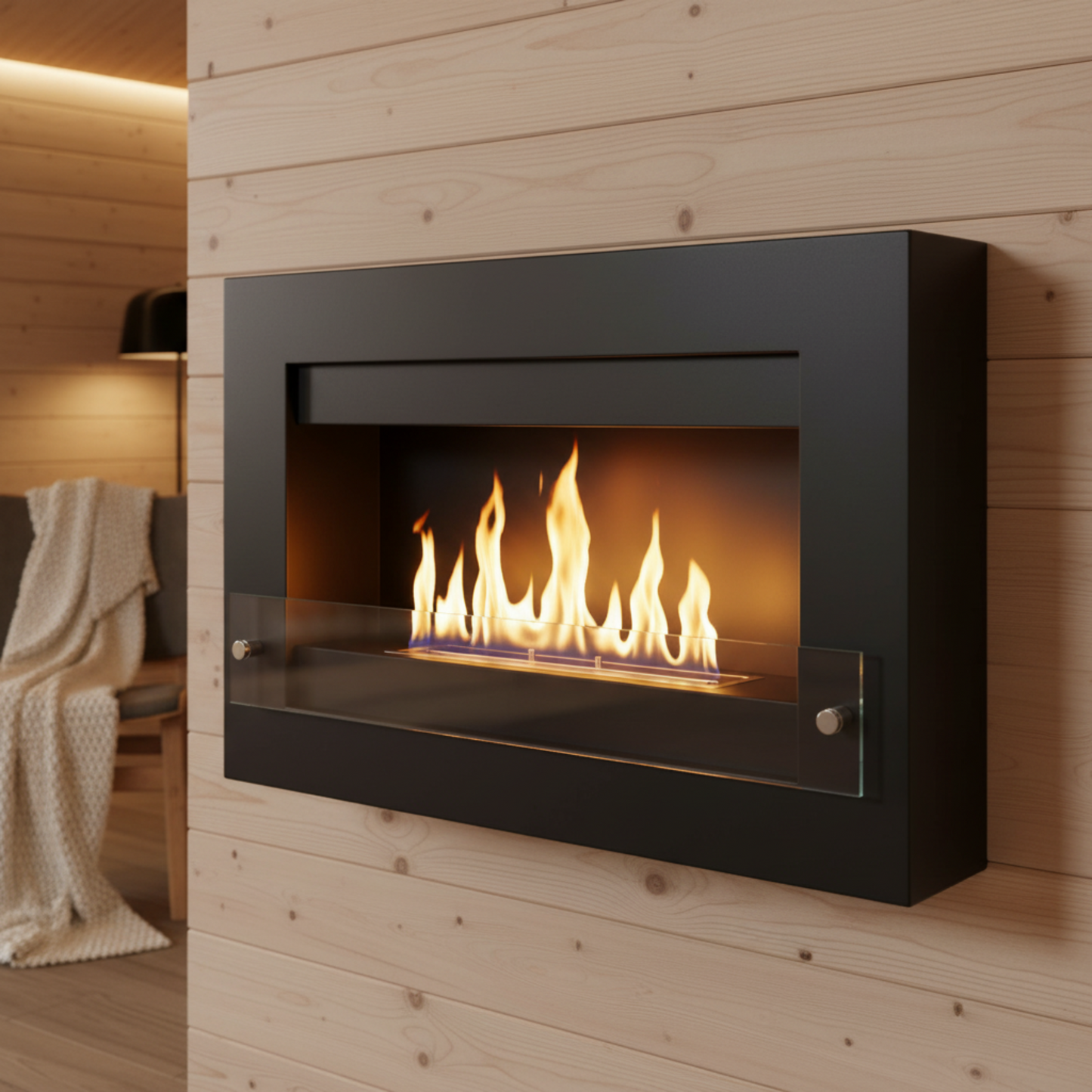 Black wall-mounted fireplace with glass front on a wooden wall.
