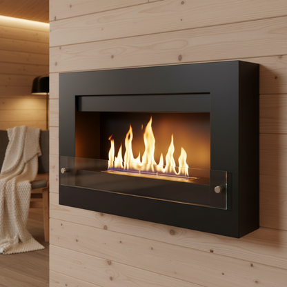Black wall-mounted fireplace with glass front on a wooden wall.