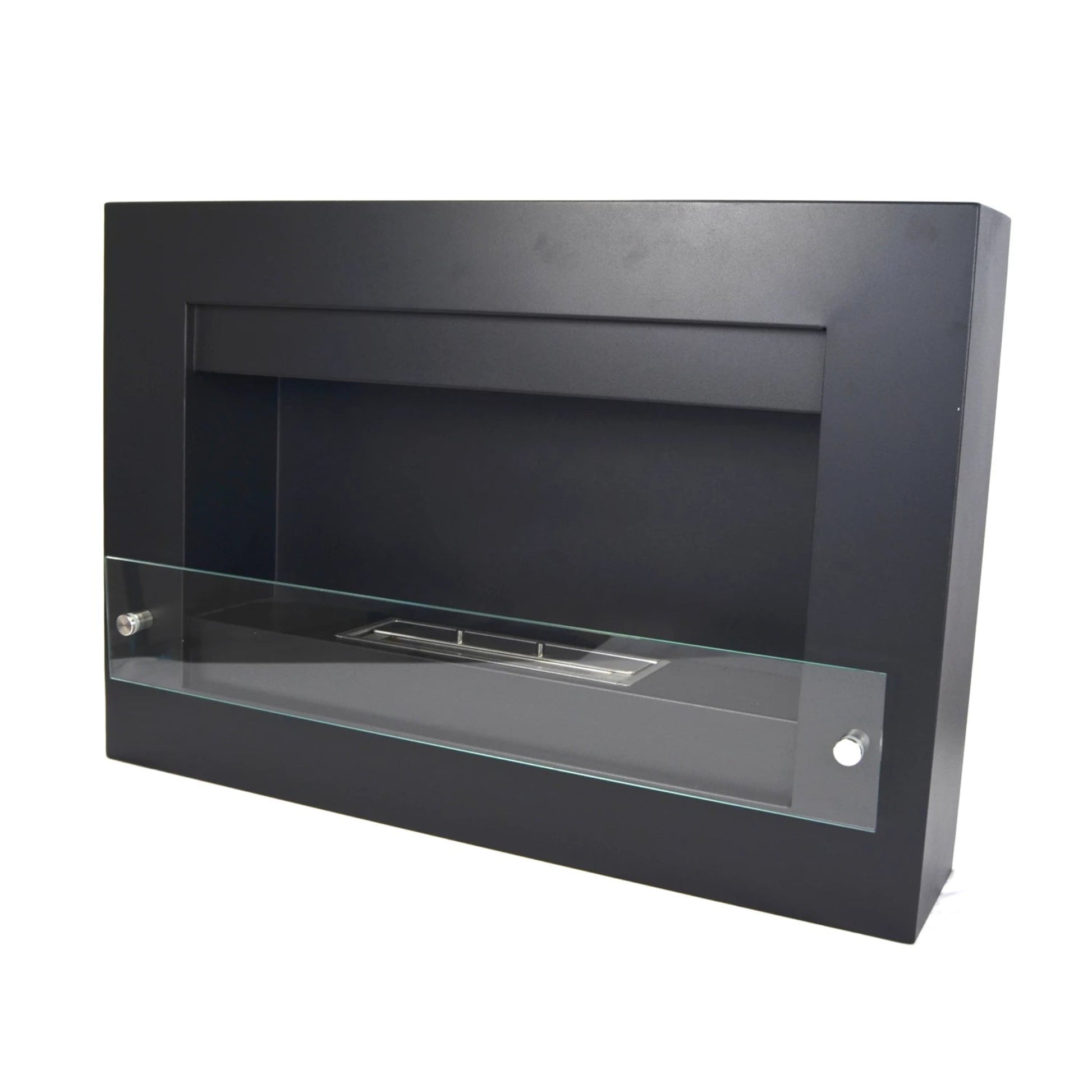 Black wall-mounted fireplace with glass front on a white background