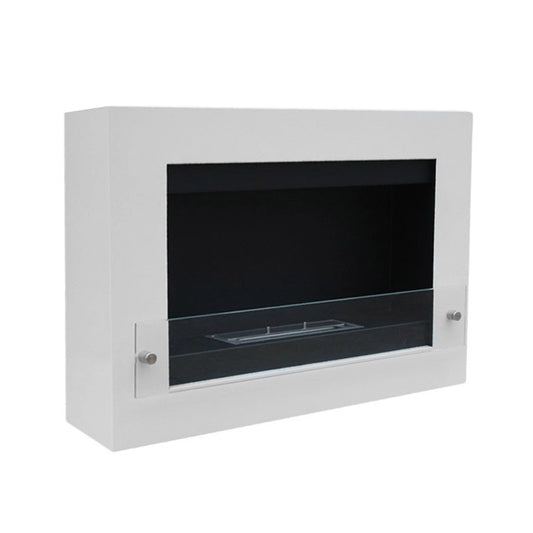 White wall-mounted bioethanol fireplace with black glass front on a white background