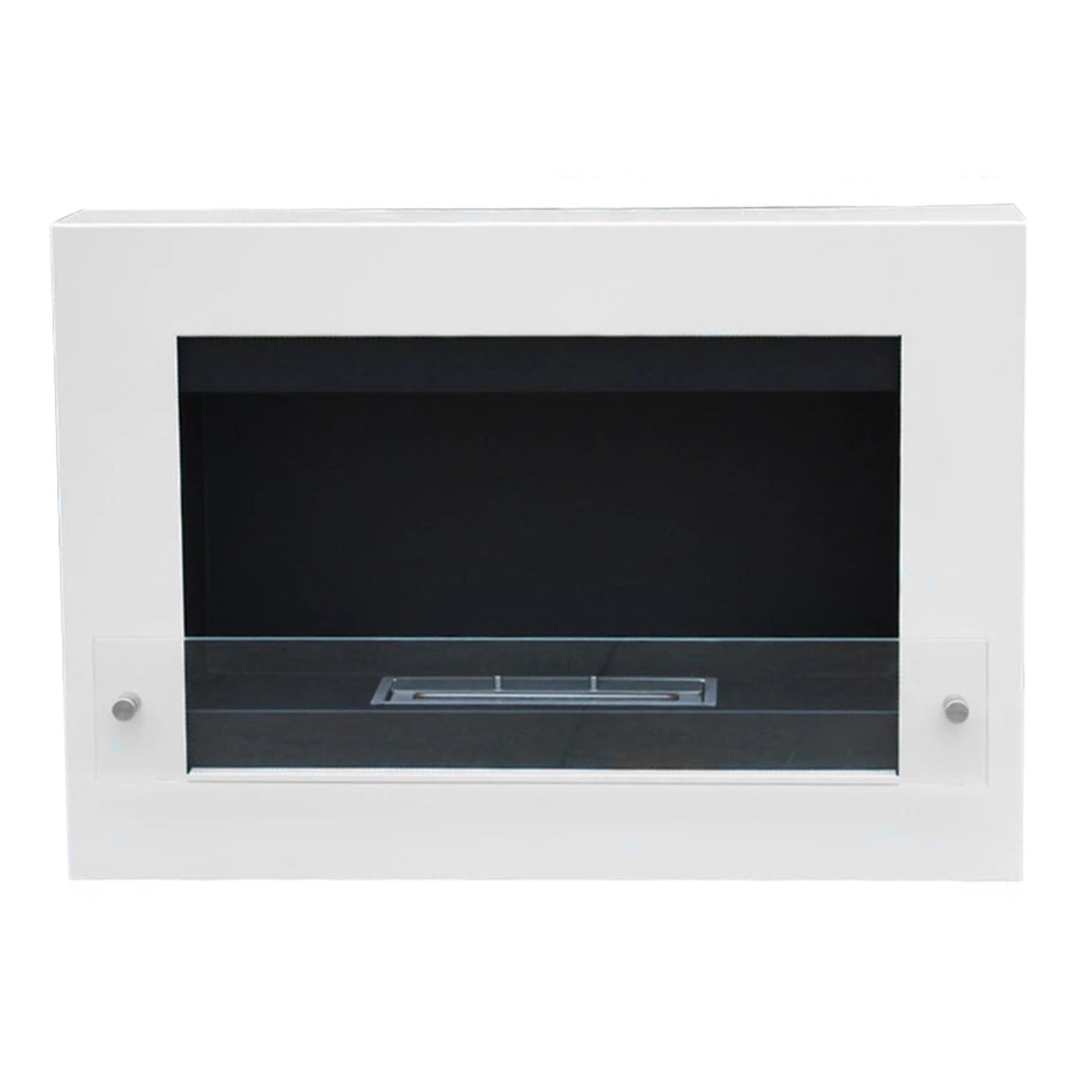 White wall-mounted bioethanol fireplace with black glass front on a white background