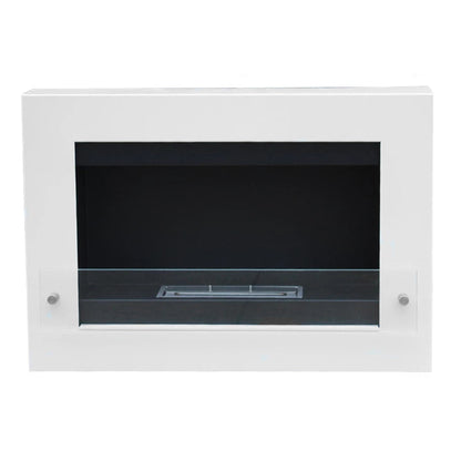 White wall-mounted bioethanol fireplace with black glass front on a white background