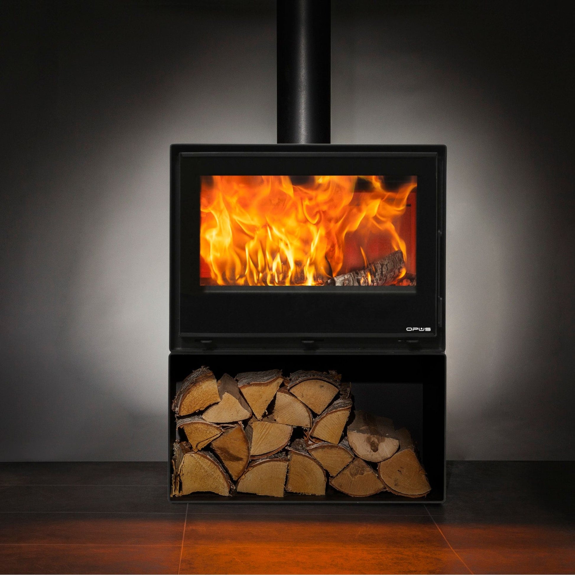 Octave70LS stove with logstore on tiled floor