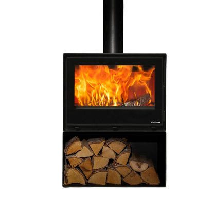 Octave 70LS stove with integrated logstore on white background