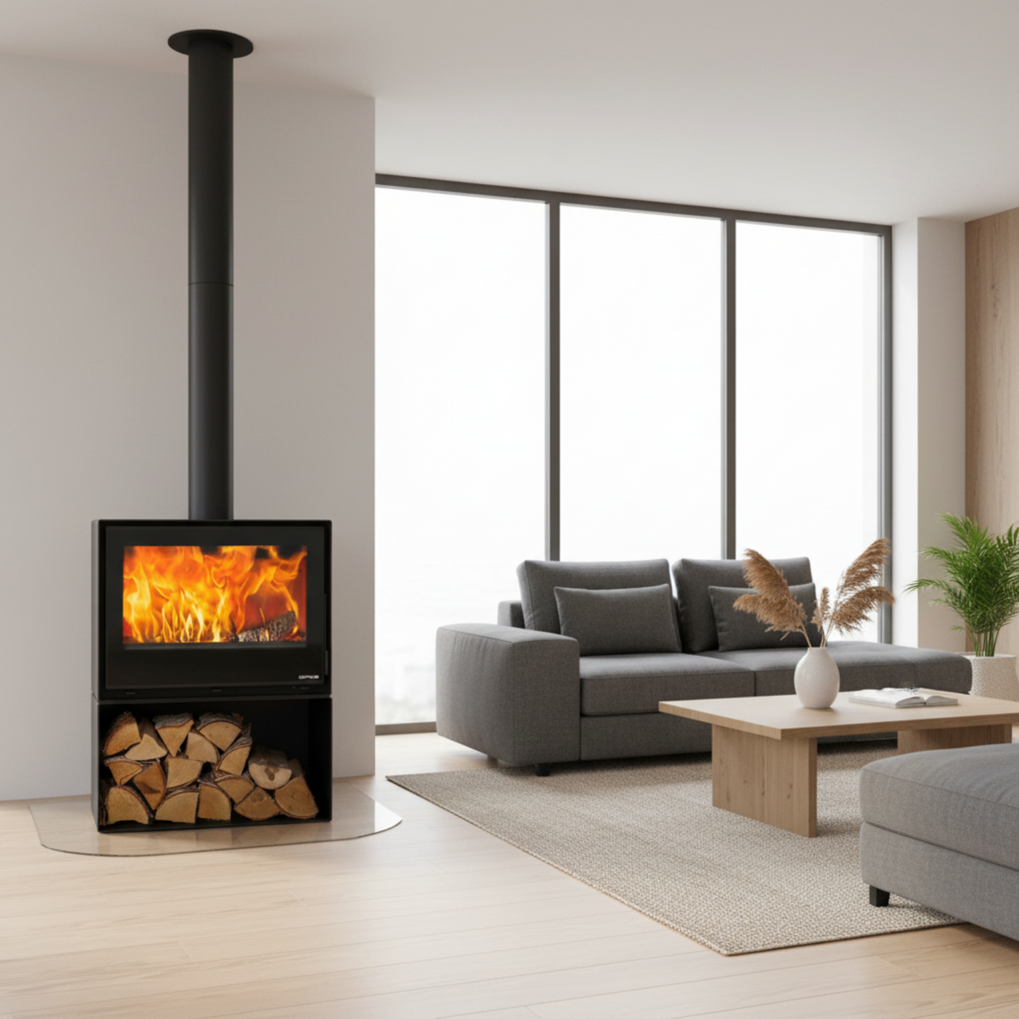 Octave70LS-stove with integrated logstore_in modern cream lounge with grey sofa