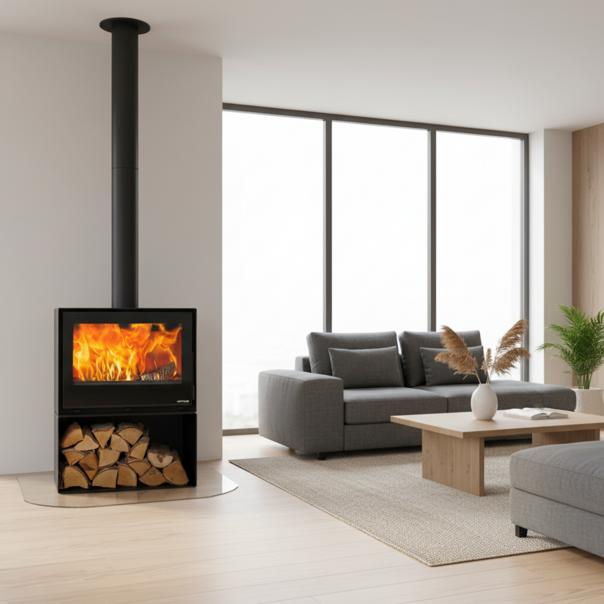 Octave70LS-stove with integrated logstore_in modern cream lounge with grey sofa