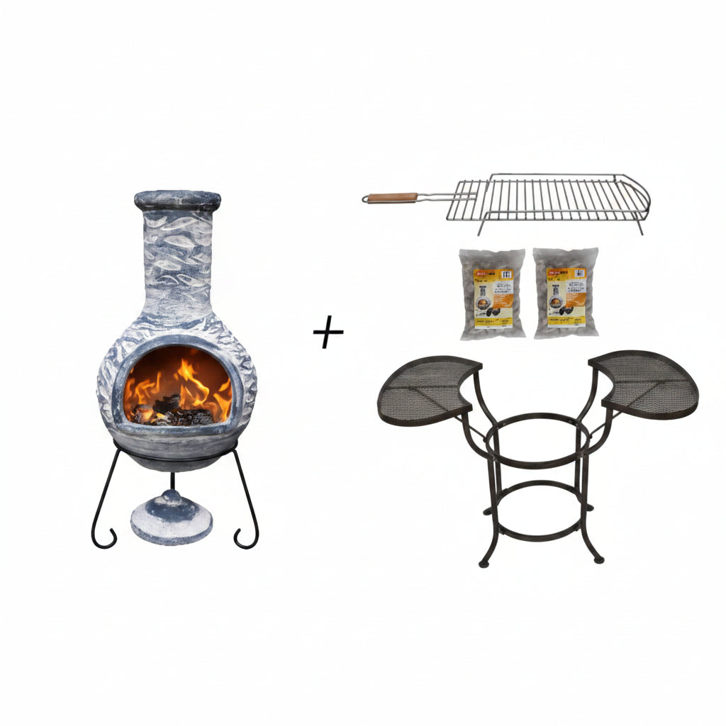Olas XL Mexican Chiminea BBQ Bundle Blue Grey | Complete Outdoor Cooking Set on white background