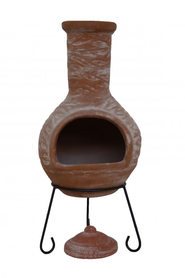 Sandy Orange chiminea with metal stand on a white background