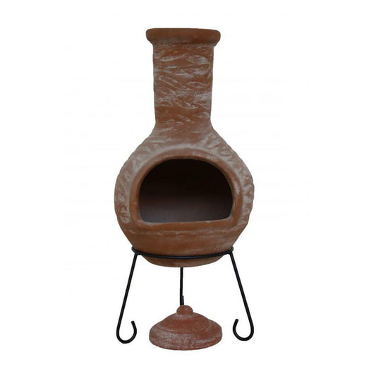 Sandy Orange chiminea with metal stand on a white background