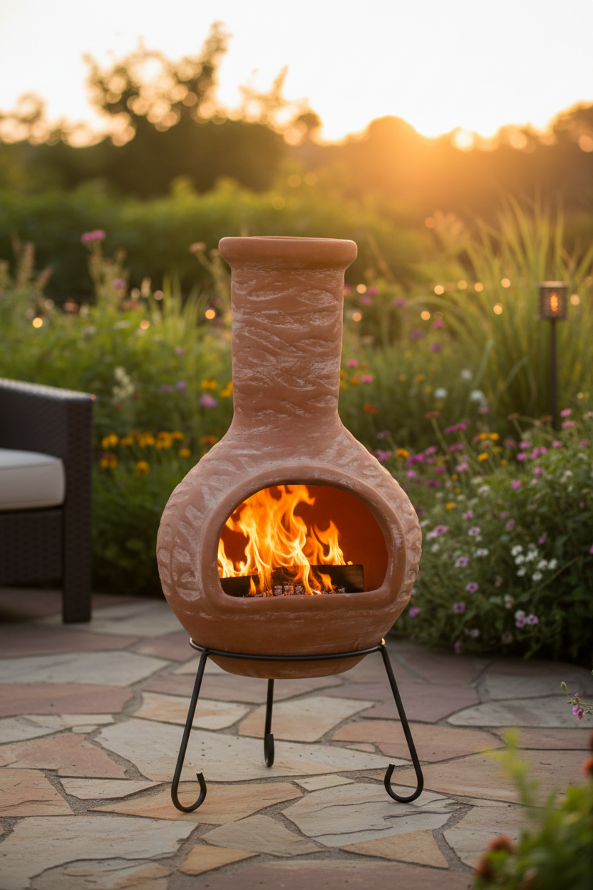 Olas XL Mexican Chiminea – Sandy Orange on patio