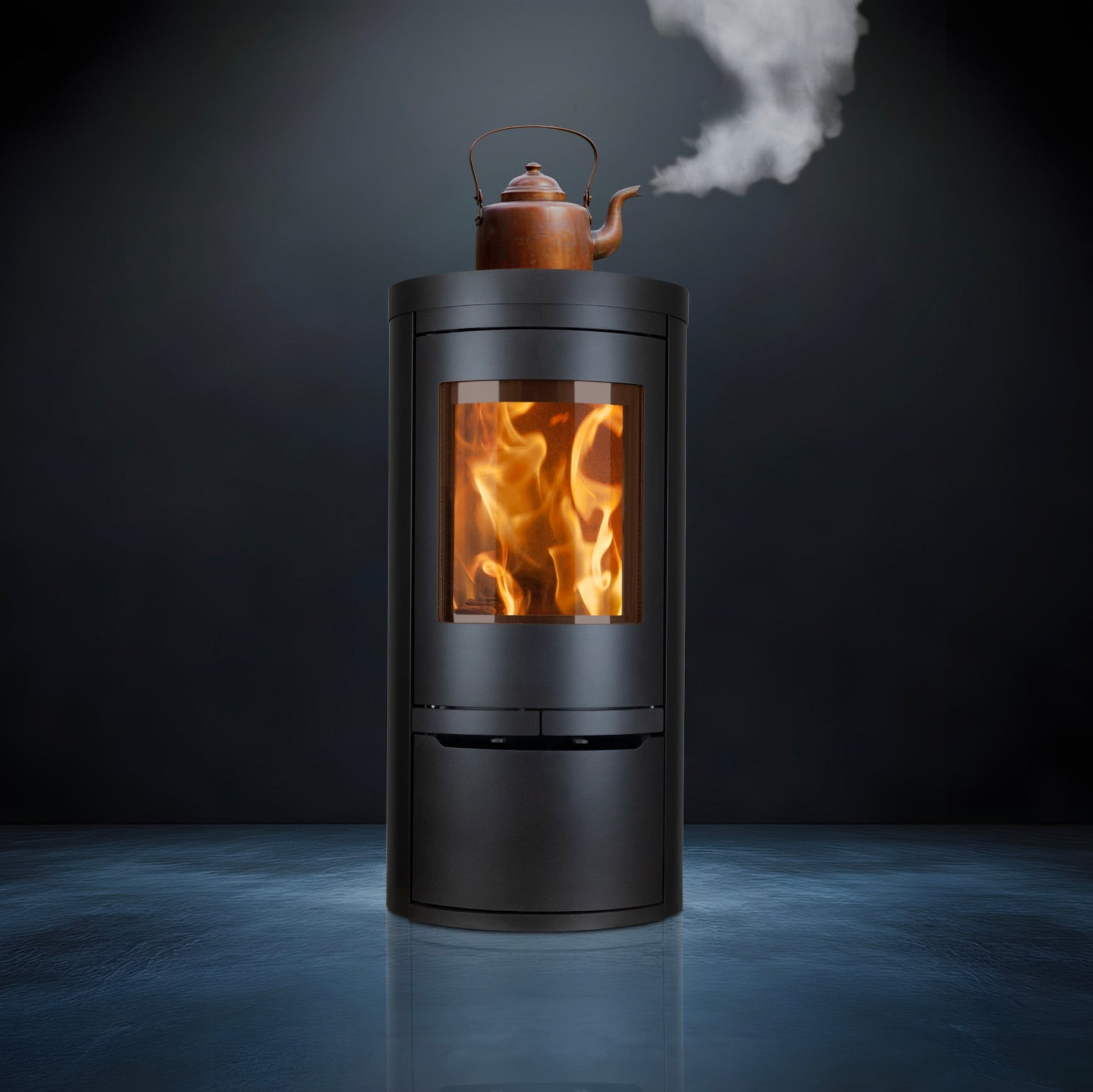 Opus Aria HotTop Wood-burning stove with flames and a steaming kettle on top on a dark background