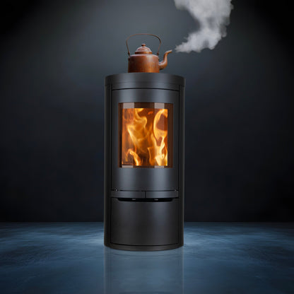 Opus Aria HotTop Wood-burning stove with flames and a steaming kettle on top on a dark background