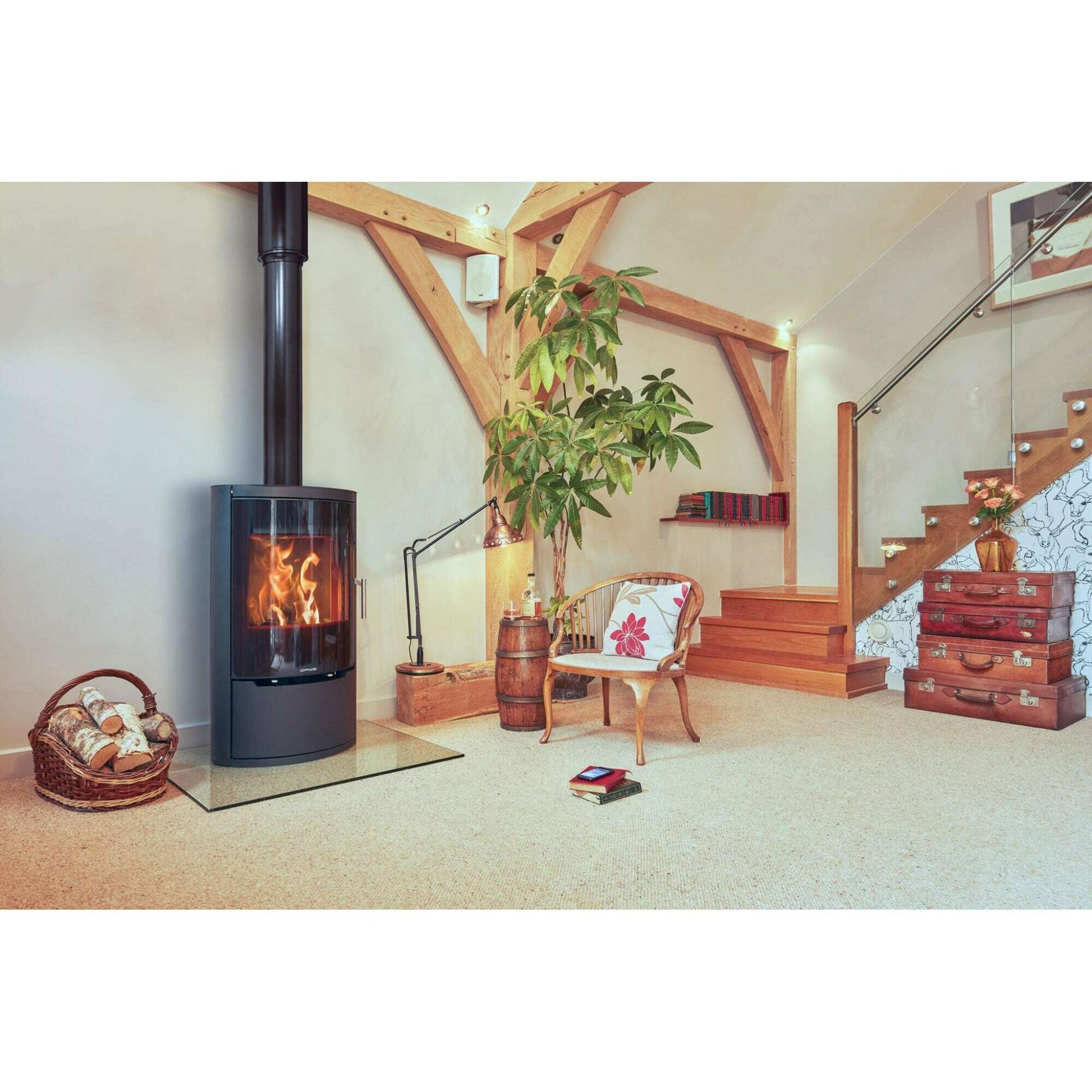 Opus-Harmony-G_in cream room with  chair, books and suitcases