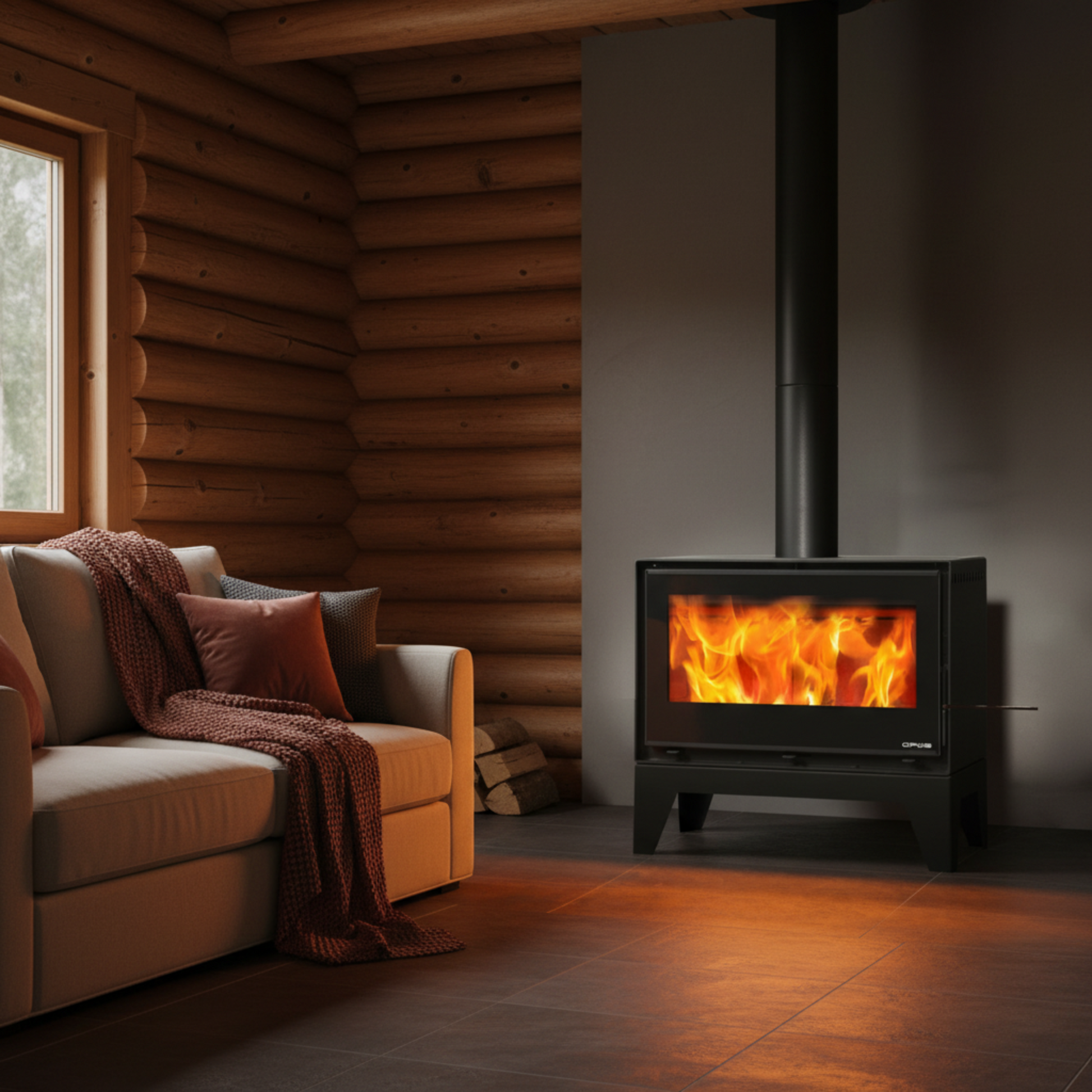 Opus-Octave-70F_in log cabin with sofa