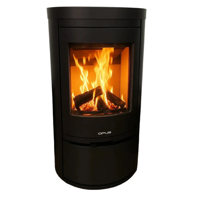 Black Opus Are D cooktop stove with flames inside,on a white background