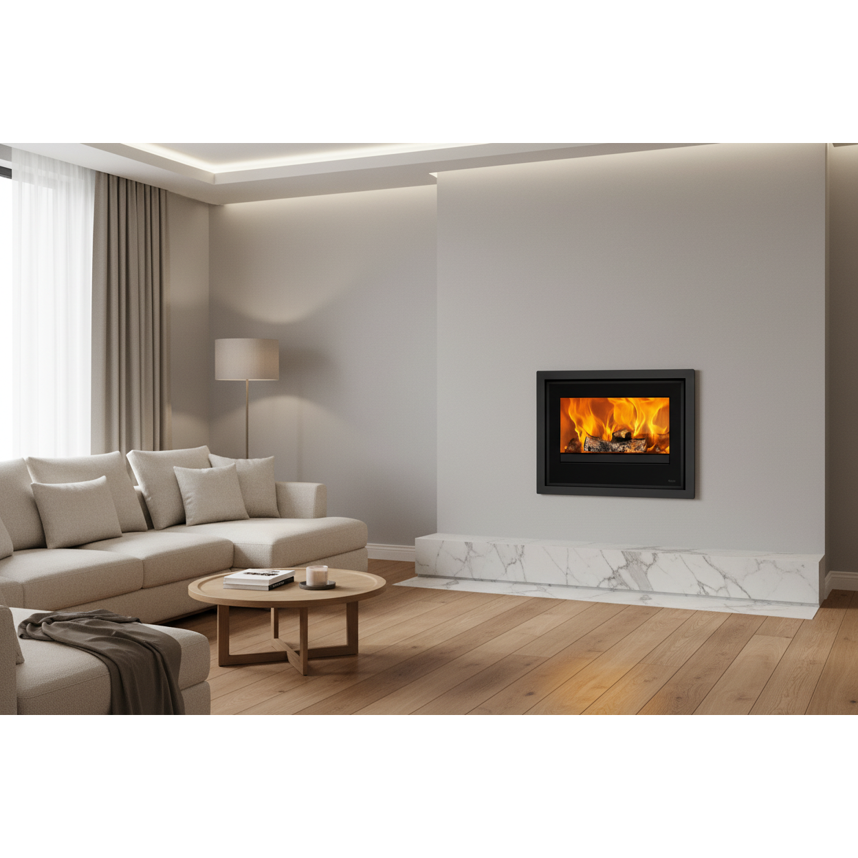 Modern living room with a fireplace and beige sofa
