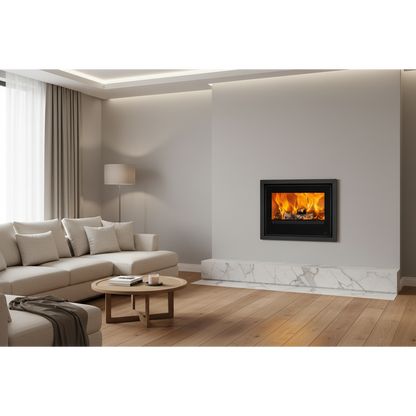 Modern living room with a fireplace and beige sofa