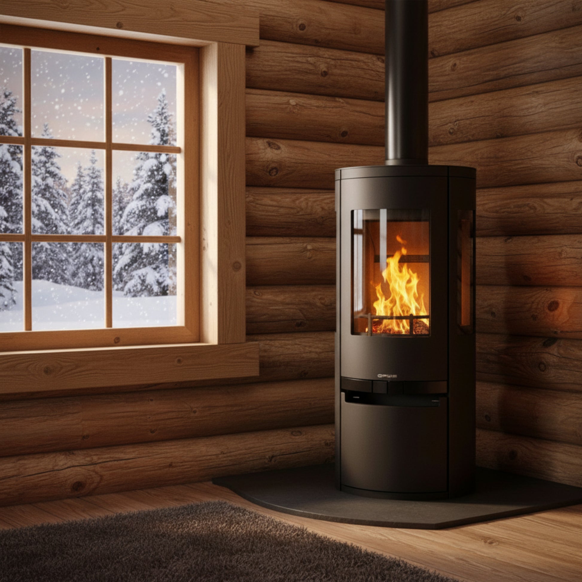 Opus_Trio_Scala-Gas _Stove_in corner of Log Cabin With Snow Scene Outside