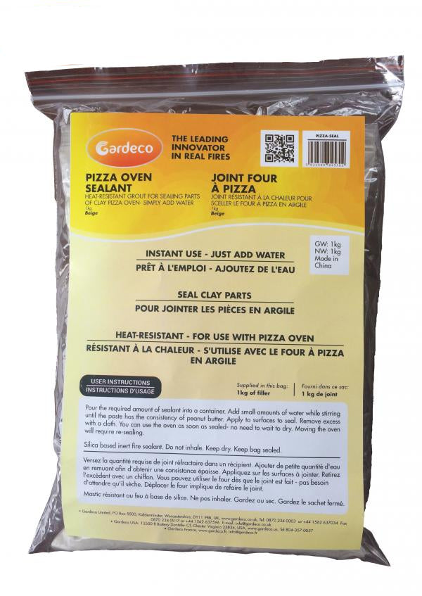 Gardeco pizza oven sealant packaging with yellow label and clear plastic bag